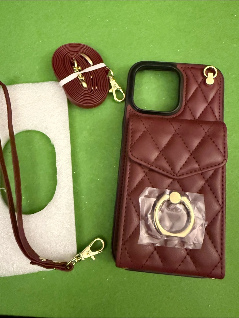 Source Unknown Quilted Burgundy Phone Case with Gold Ring & Strap
